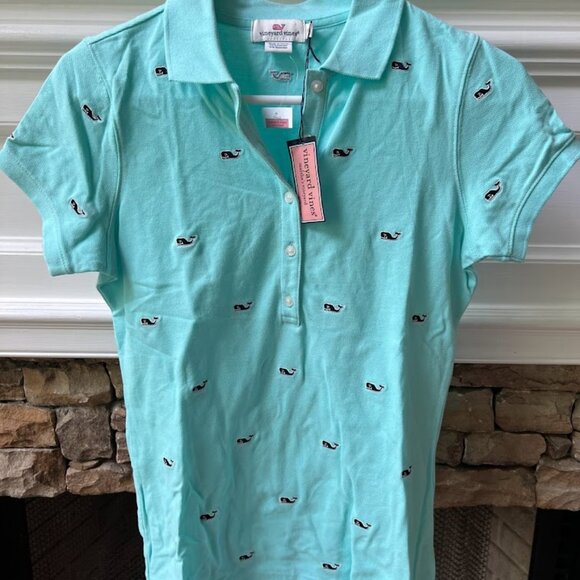 Vineyard Vines Polo All Over Whale Logo Print Teal Blue XS Brand New with Tags - Picture 2 of 9